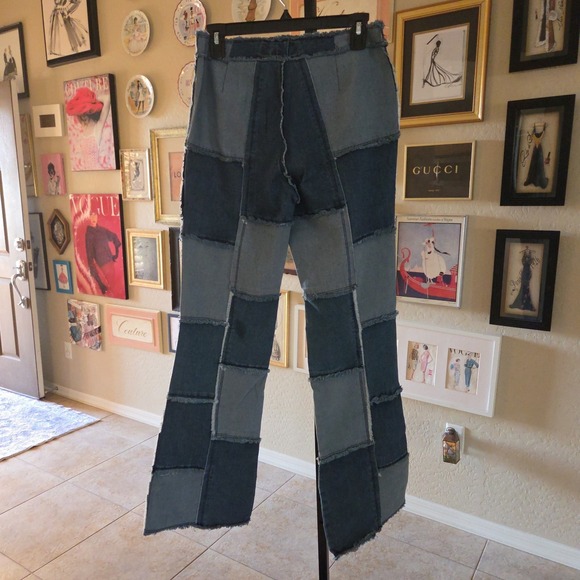 Lazer Jeans Patchwork Wide Leg Denim Pants Blue Y2K Frayed Raw Hem Size 11 - Picture 4 of 5